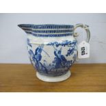 A XIX Century Blue and White Transfer Printed Pottery Jug, 1814 barrel shape style and cavalrymen in