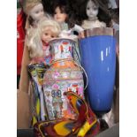 Four Pottery Dolls, plastic example, three glass vases, Chinese example:- One Box