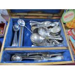 Plated Table Spoons, tea spoons, etc other loose cutlery in an oak box.