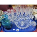 Mdina Turquoise Glass Vase, 18.5cm high, drinking glasses, fruit bowls;- One Tray.