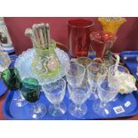 Cranberry Glass Epergne and Vase, overlaid green glass vase, basket weave plates, lamp, wines, etc:-