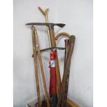 Vintage Ice Picks, Camp Annapurna ice pick, three Alpine pictures, climbing rope, crampons,