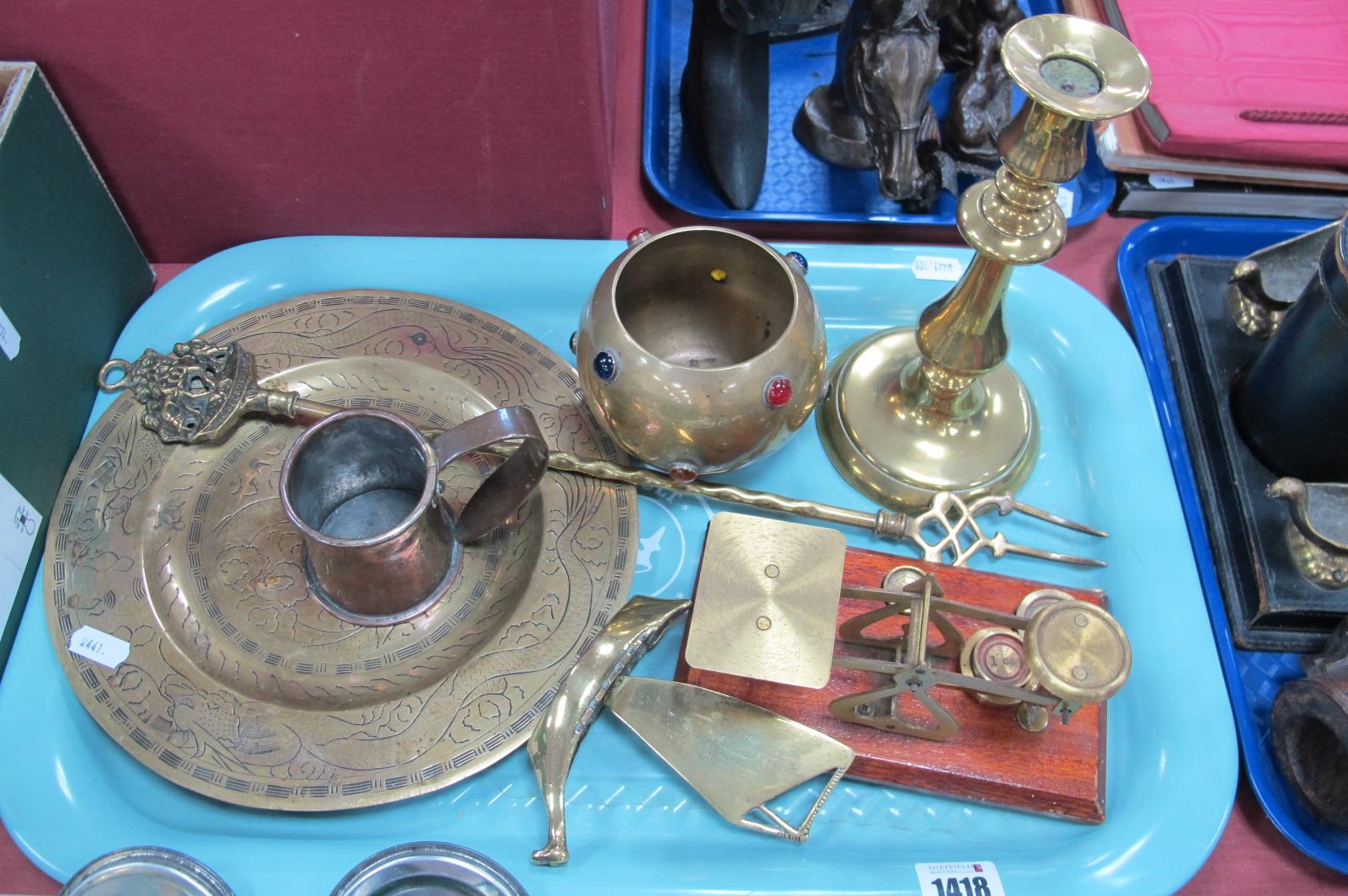 Postal Scales with Brass Weights, brass candlestick, toasting fork, jardiniere with cabachon stones,