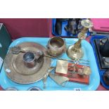 Postal Scales with Brass Weights, brass candlestick, toasting fork, jardiniere with cabachon stones,