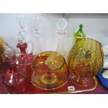 Pair of XIX Century Cranberry Glass Decanters, green glass vase and cover, ships decanter, elongated