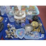 Paperweights, biscuit barrel, Wade whimsies, Wedgwood pin tray, glass decanter, etc:- One Tray.