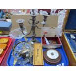 Ceiling Light, plated candelabra, barometer, dominoes, etc:- One Tray.