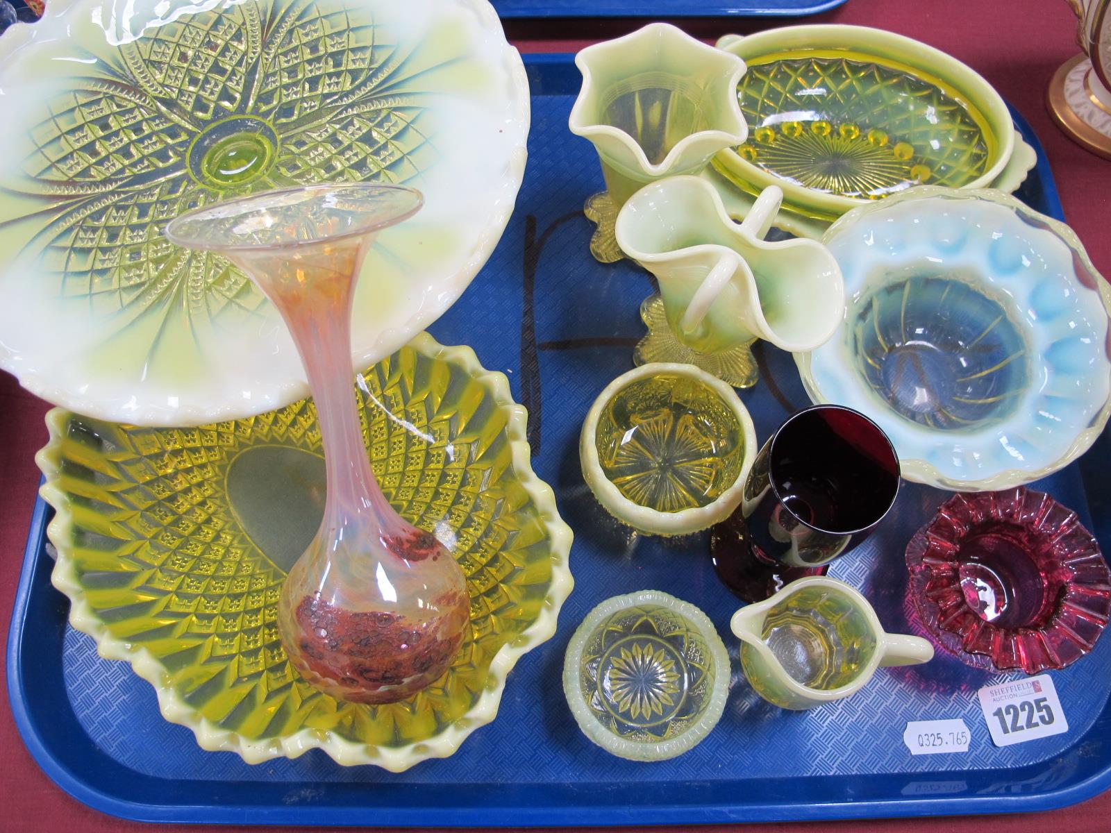 Late XIX Century Uranium Vaseline Tinted Glassware, cranberry frill posy, etc:- One Tray.