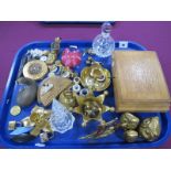 Brass Ware, trinkets, semi circular powder compact, scent bottles, hat pins etc :- One Tray