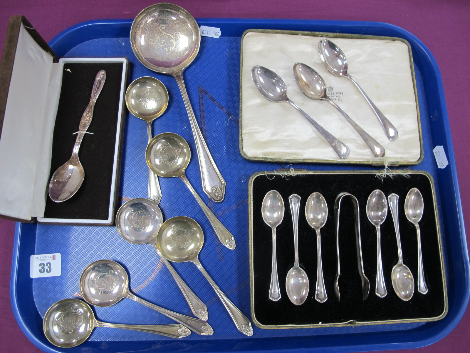 A Set of Six Hallmarked Silver Coffee Spoons, initialled 'S', in a fitted case with matching sugar