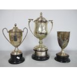 A Plated Twin Handled Lidded Pedestal Trophy Cup, inscribed "Presented to Manor Garden Guild by L.B.