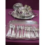 A Twin Handled Rectangular Plated Tray, Kings pattern plated cutlery, mugs, dish, twin handled