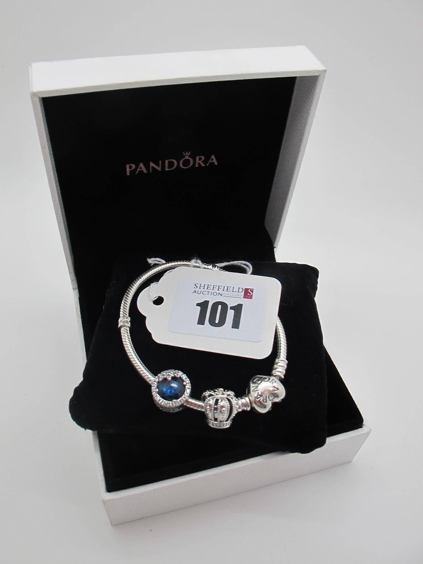 Pandora; A Modern Bracelet, with heart clasp, stamped "S 925 ALE", 17cm long, with two sliding
