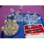 Hallmarked Silver Mounted Glass Condiment Bottles, a double cruet bottle (damage / repair), two
