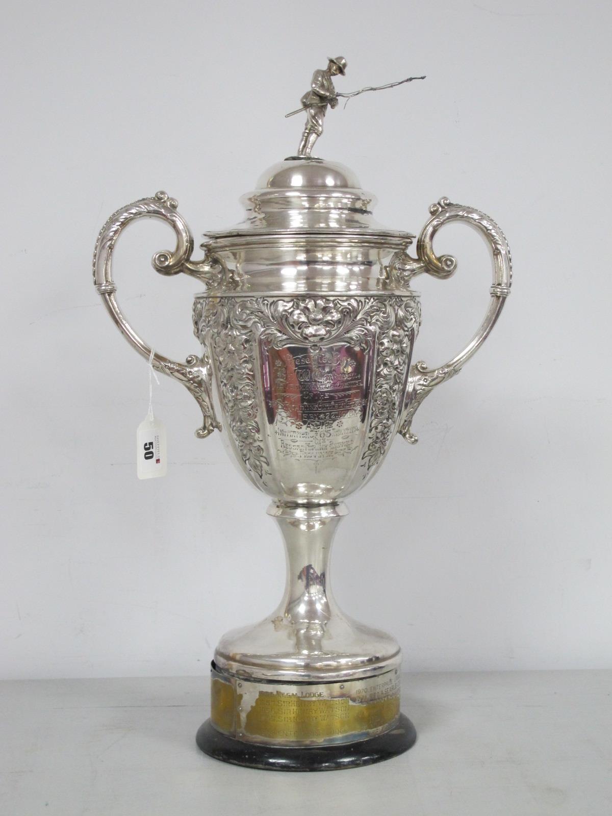 A Large Plated Twin Handled Lidded Pedestal Trophy Cup, inscribed "R.A.O.B. GLE Sir George