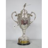 A Large Plated Twin Handled Lidded Pedestal Trophy Cup, inscribed "R.A.O.B. GLE Sir George