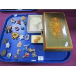 Assorted Costume Brooches, decorative Italian musical trinket box, etc :- One Tray