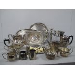 Assorted Plated Tea Ware, trays, four branch candelabrum, fish knives and forks, etc.
