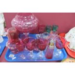 A Cranberry Glass Lidded Comport, on clear baluster stem and foot, sugar caster and other
