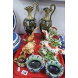 A Pair of Doulton Ewers, jardinettes, jug, Sylvac dog, other ceramics (damages noted):- One Tray.