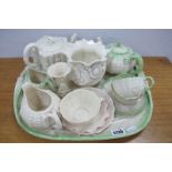 Belleek Green Tinted Tray, and six matching pieces, bamboo effect pentagonal tea pot, jardinieres