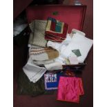 Linens, embroidery, crochet ware, Paoletti, Beethoven runner, etc, globe trotter trunk.
