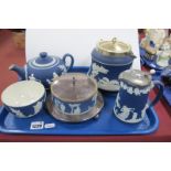 Adams Blue Jasperware Teapot, biscuit jar, hot water jug, bowl, and circular bowl with plated base