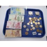 Collection of GB and World Coins and Banknotes, includes two 20 Euro banknotes, Turkish Lirasi