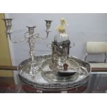 Viners Circular and Oval Plated Trays, candelabra, Dixon's bottle stand, Rawlings soda siphon,