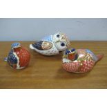 Royal Crown Derby Paperweights, large Pheasant and Owl both ceramic stoppered and Robin (no