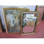 A Wall Mirror, having leaded surround, within gilt frame, 81 x 55.5cm, thee large prints.