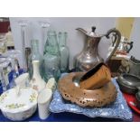 Plated Jug, XIX Century bottles, glass candlesticks etc:- One Tray.