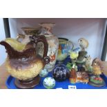 Three Royal Doulton Model of Owls, similar blue tit on blackberry Wade heath jug, glass paperweight,