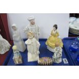 Figurines - two Royal Worcester, two Doulton, Spanish. XIX Continental Henry 8th and De La Reine