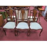 A Set of Three Edwardian Inlaid Mahogany Saloon Chairs, each with open splat , on cabriole legs.