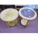 Light Oak Coffee Table, with circular top and under shelf, 52cm diameter, taller teak example with