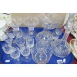 A Pair of Vine Etched Cut Glass Goblets, pair of decanters, comport and similar wines:- One Tray.