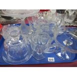 Etched Claret Jug, with plated handle, Stuart cut glass dish and cover, tazza, jug etc:- One Tray.