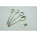 A Pair of XIX Century Russian Teaspoons, stamped makers mark "A.B"(?), date "1893" and "84", with