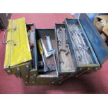 Spanners, 500 axe, lump hammer, Colley grease gun, other tools in metal carry box.