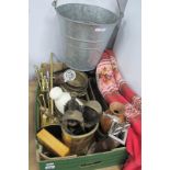 Brass Fire Irons, copper planter, oak barley twist candlesticks, galvanized bucket:- One Box.
