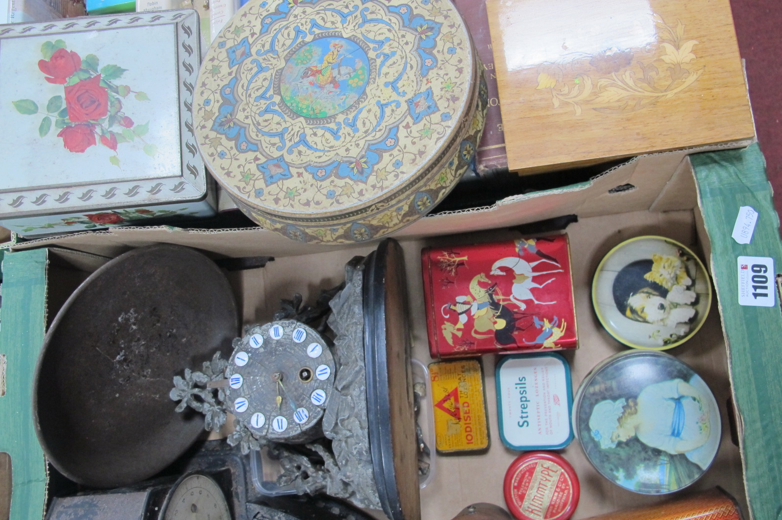 A XIX Century Mantle Clock tins, binoculars, scales, flat iron:- One Box.