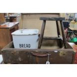 Enamelled Bread Bin, stool, hessian trunk.