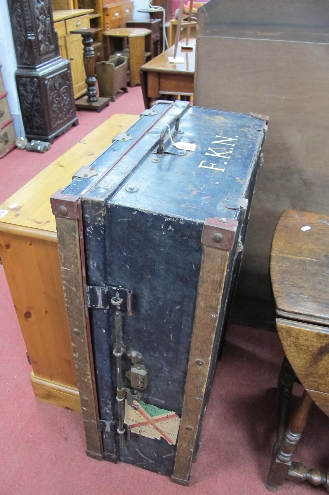 Metal Travelling Trunk, circa 1900, with wooden protector slats and British Indian Steamer label,