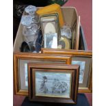 Decanters, photograph frames, needlework picture, Oriental hexagonal box, etc:- One Box.