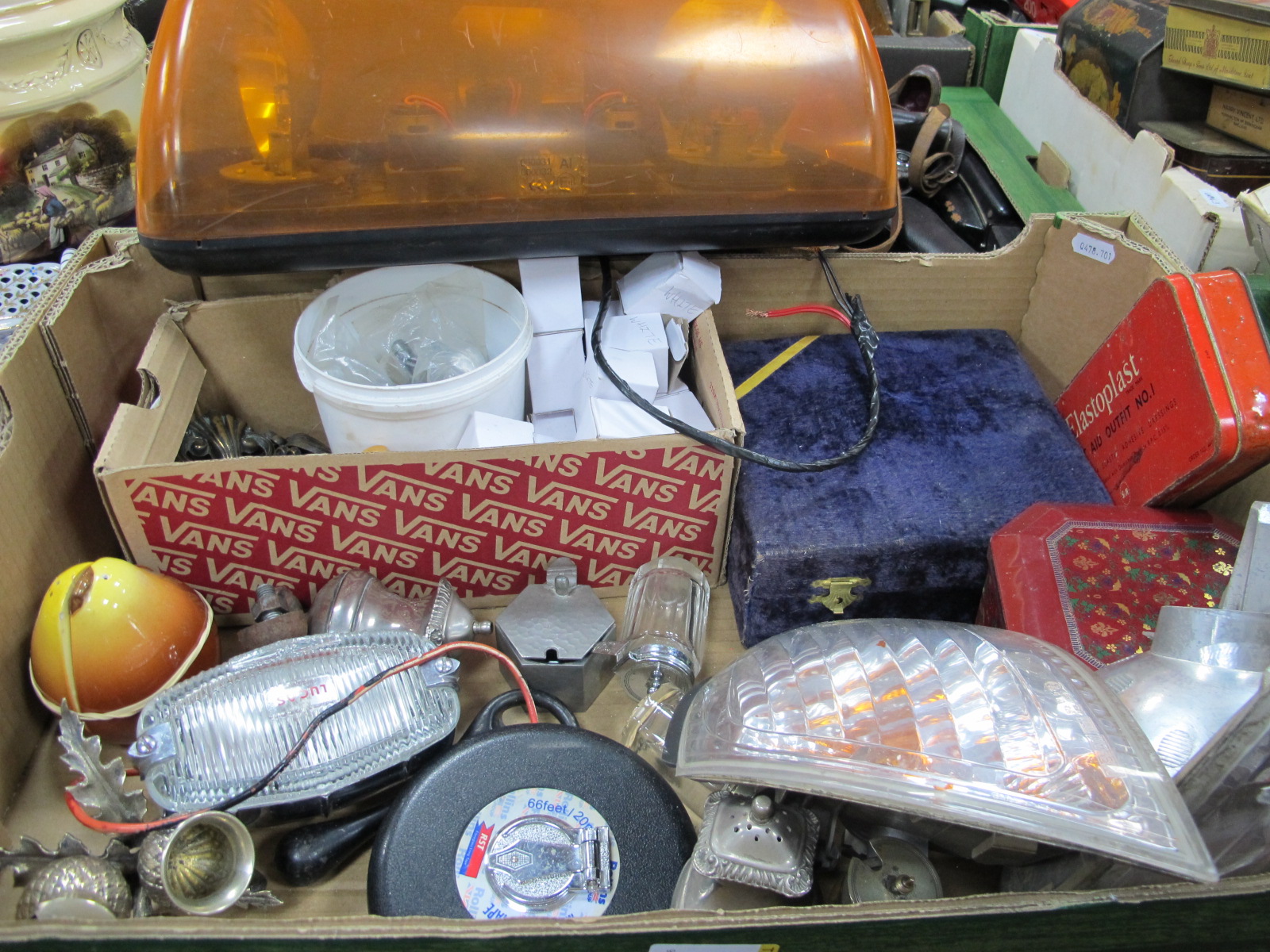 Hella Car Roof Top Flashlight, Lucas 494 and other car lights, Thistle condiment set, tins, fittings