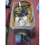 Fereday and Other Kitchen Scales, brass kettle, two plaster plaques, Sylvac mugs, etc.