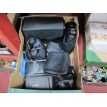 Field Glasses 20 x 50. Sunagor and other binoculars, vintage Kodak and other cameras:- One Box.