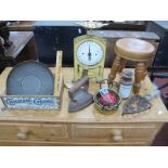 Scales for 25lbs, brass pans, trivet, iron, chocolate creams box, stool etc:- One Box.