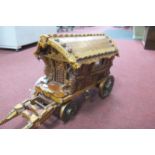 A Tramp Art Style Wood Carved Horse Drawn Cart, with concealed wooden furniture, plate to